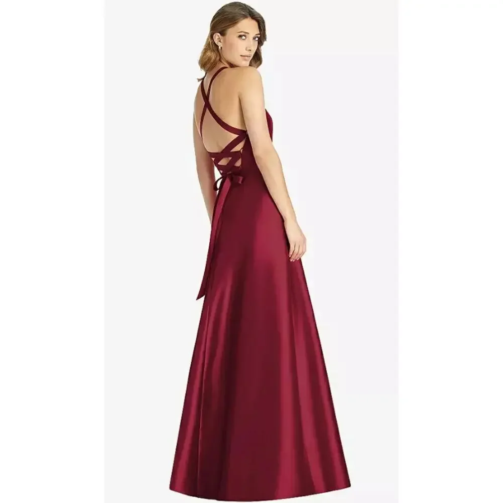 Alfred Sung Satin Twill Halter Lace Up Back A-Line Maxi Dress Burgundy Womens 16 - Picture 9 of 9